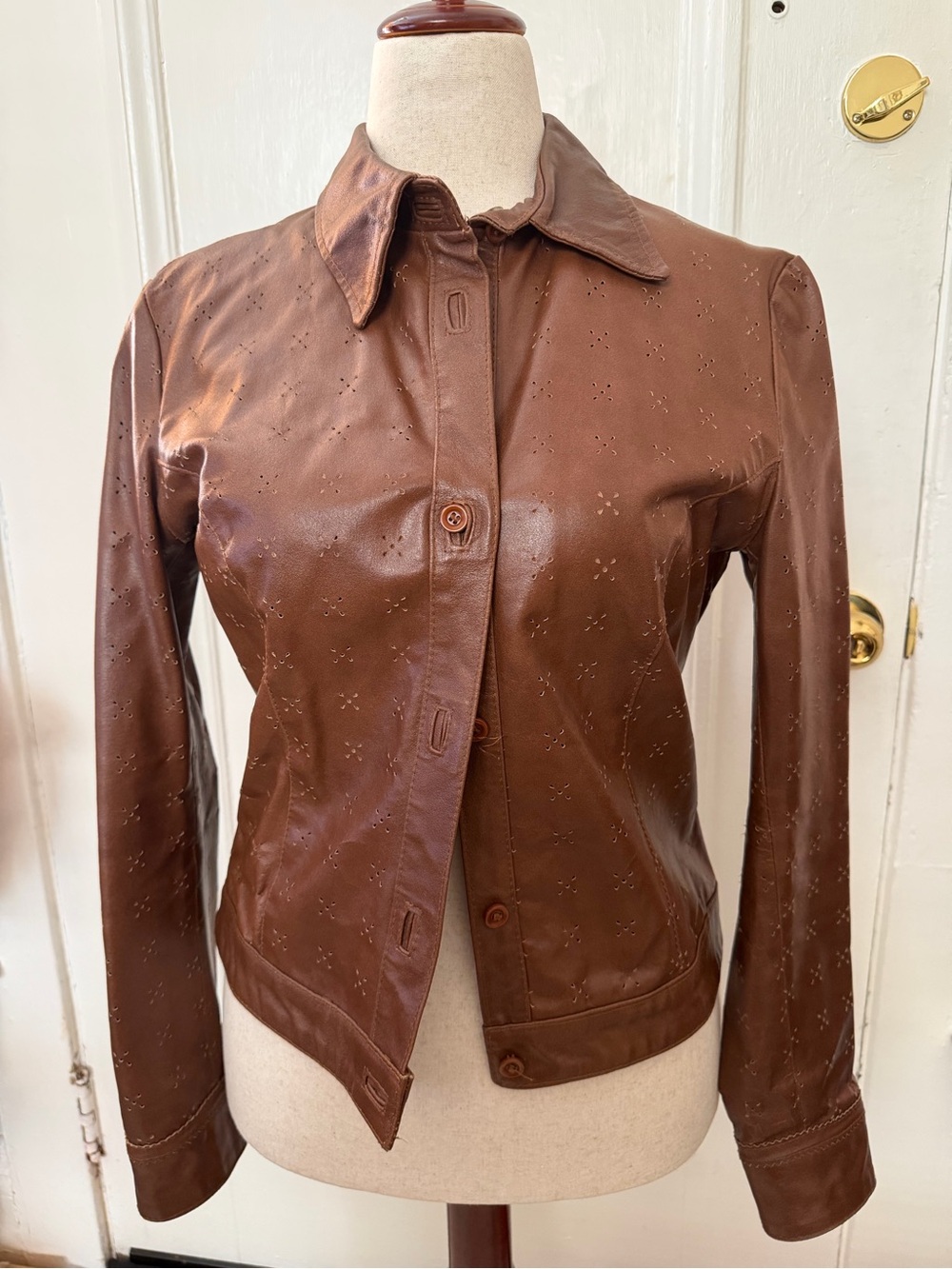 Italian Brown Perforated Faux Leather Button Jacket